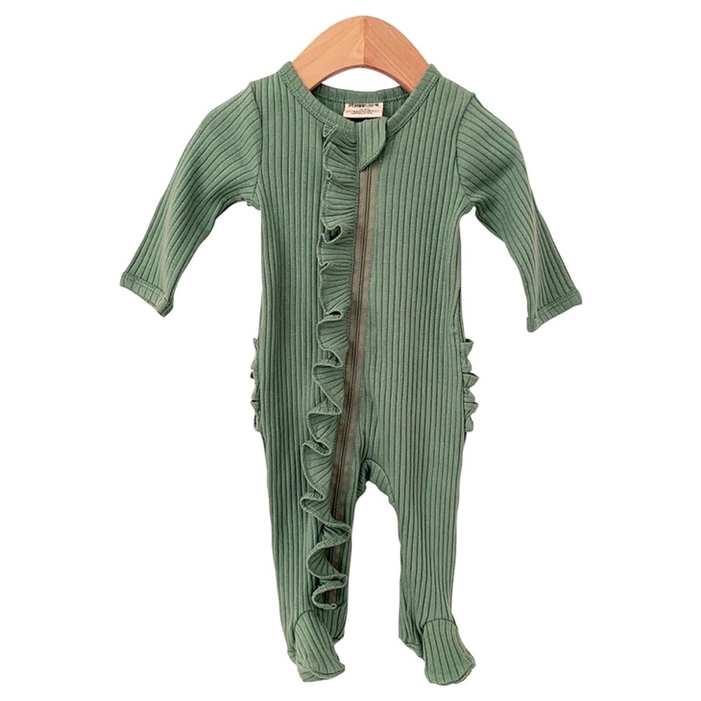 SpearmintLOVE Ribbed Sage Ruffle Zip Sleeper